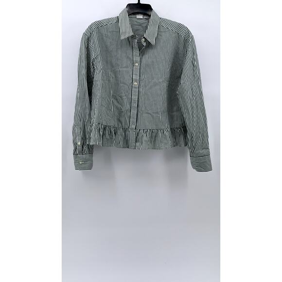 GAP Women's Green-White Striped Ruffle Hem Button-Up Long Sleeve Top SZ S - Picture 1 of 10